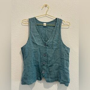 Liv Vintage V neck waistcoat Blue Sleeveless Linen cotton vest button Top